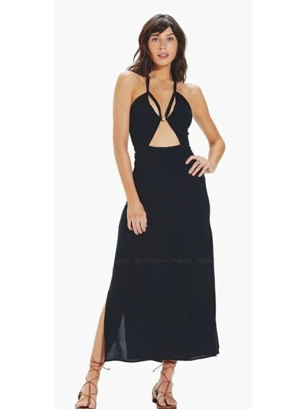 New VIX Lidia Cut-Out Bodice 24K Gold Bead Detail Black Midi Dress Size 2 NWT